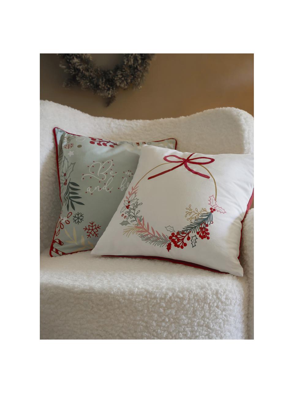 Federa arredo ricamata con motivo invernale Bright, Rivestimento: 100% cotone, Rosso, verde, bianco, Larg. 45 x Lung. 45 cm