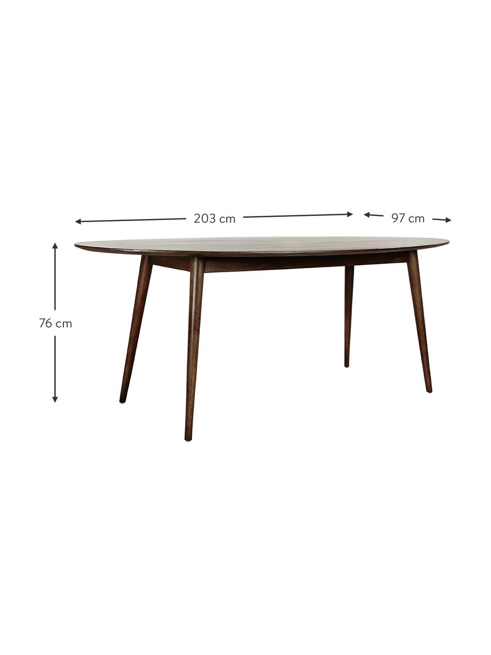 Tavolo ovale in legno massello Oscar, 203x97 cm, Legno massiccio di mango laccato, Marrone scuro, Larg. 203 x Prof. 97 cm
