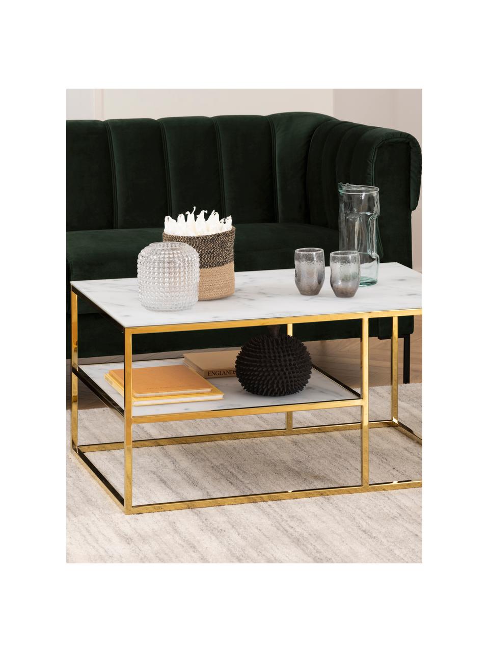 Tavolino da salotto con piano effetto marmo Aruba, Struttura: metallo verniciato a polv, Bianco, dorato, Larg. 90 x Alt. 45 cm