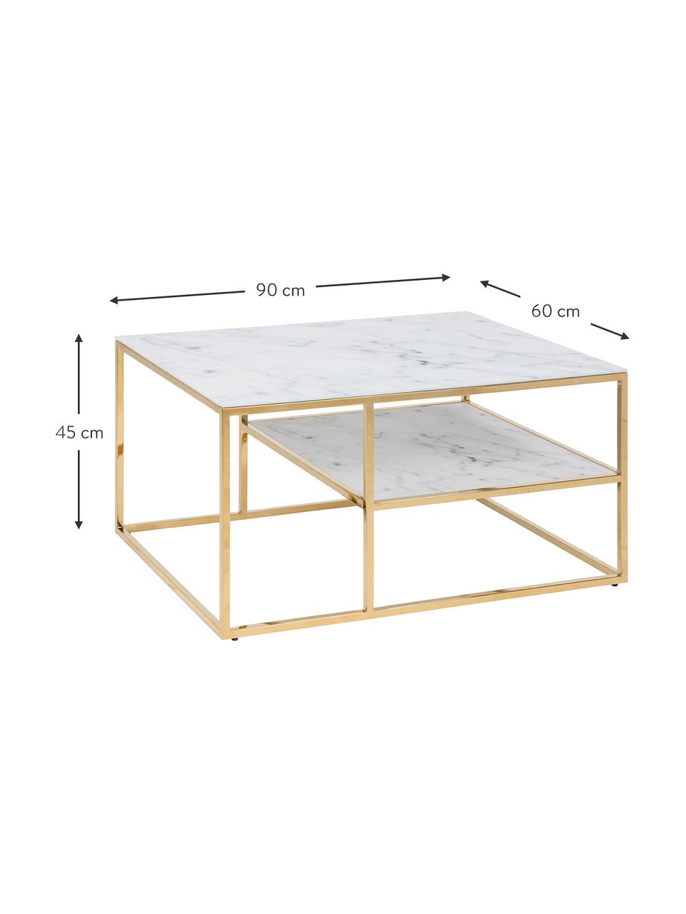 Salontafel Alisma met glazen tafelblad, Tafelblad: glas, mat bedrukt, Frame: vermessingd staal, Wit, gemarmerd, goudkleurig, B 90 x D 60 cm