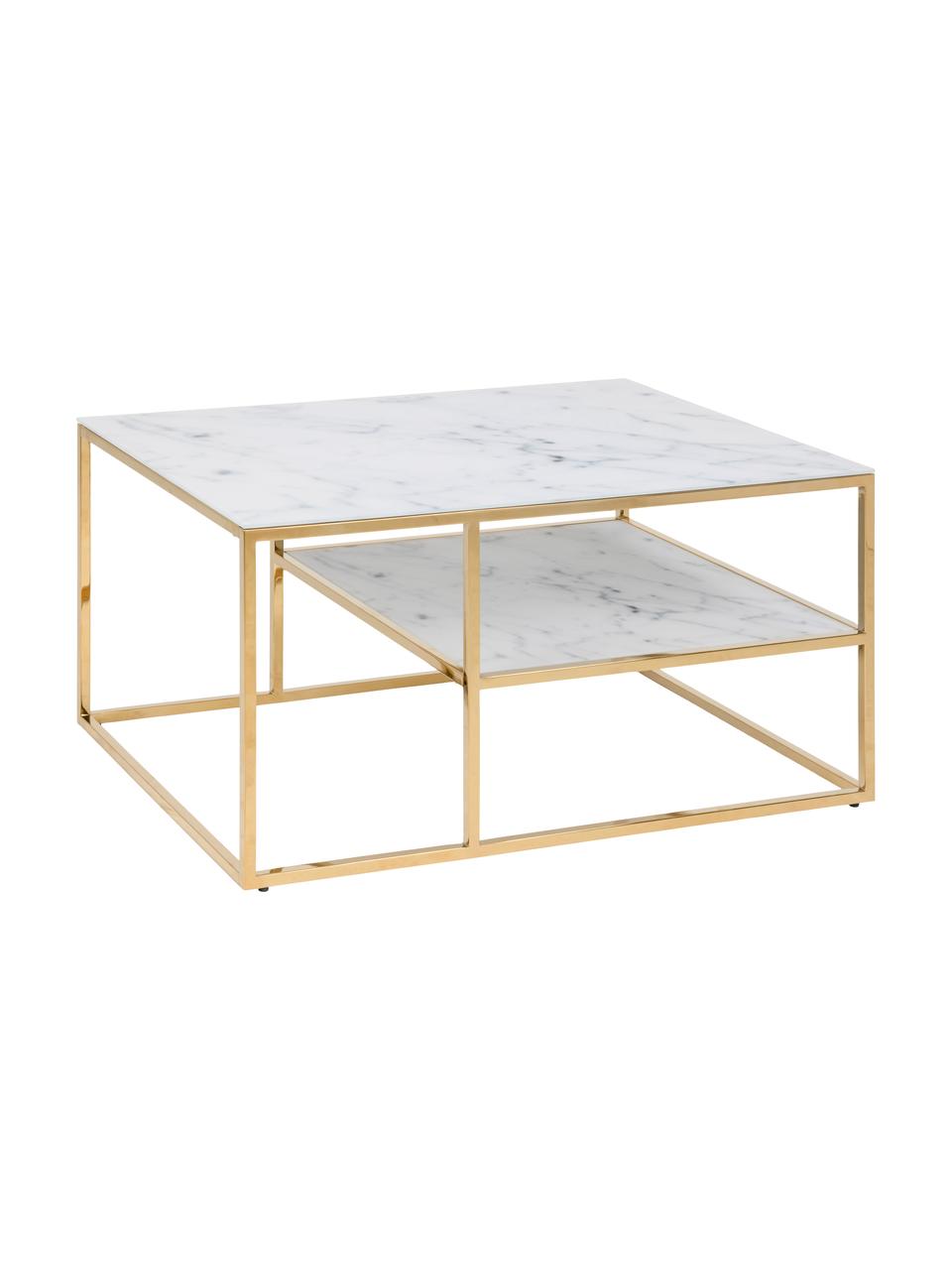 Mesa de centro Aruba, con tablero de vidrio, Tablero: vidrio estampado en efect, Estructura: acero, latón, Mármol blanco, dorado, An 90 x F 60 cm