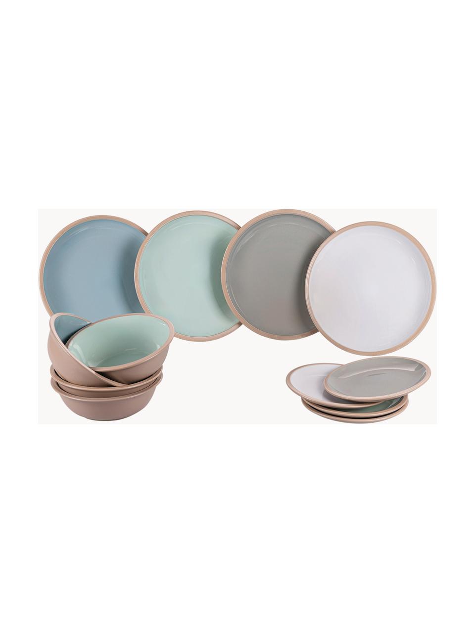 Serviesset Bistrot in pastelkleuren, 4 personen (set van 12), Keramiek, Lichtblauw, mintgroen, grijs, wit, 4 personen (set van 12)