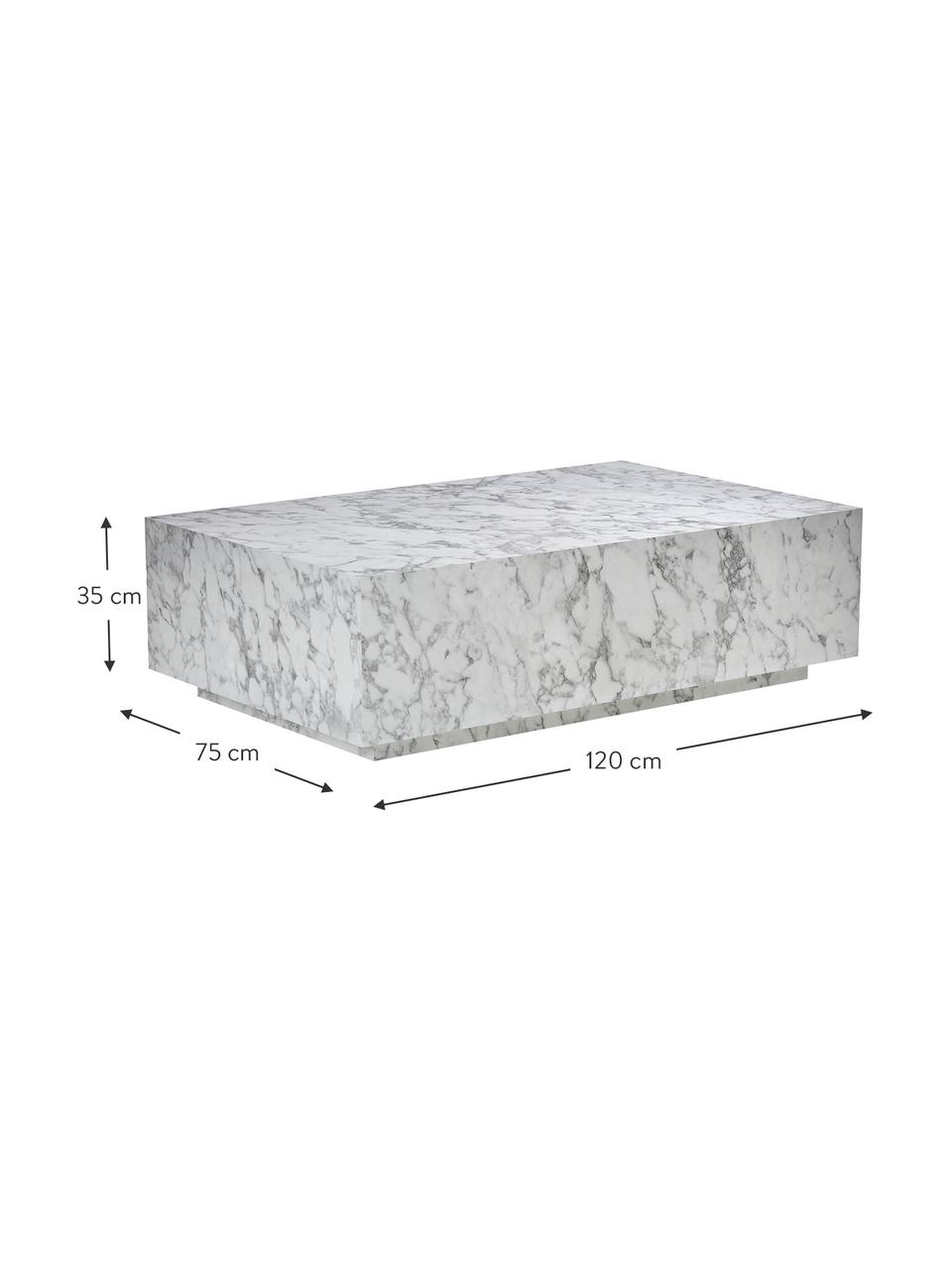 Mesa de centro en look mármol Lesley, Tablero de fibras de densidad media (MDF) recubierto en melanina, Mármol blanco, An 120 x F 35 cm