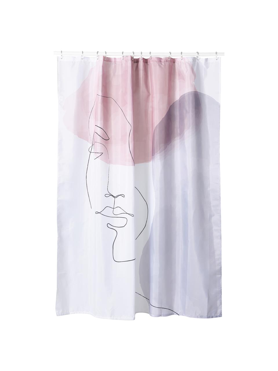 Tenda da doccia con disegno one line Face, 100% poliestere, Rosa, bianco, grigio, nero, Larg. 180 x Lung. 200 cm