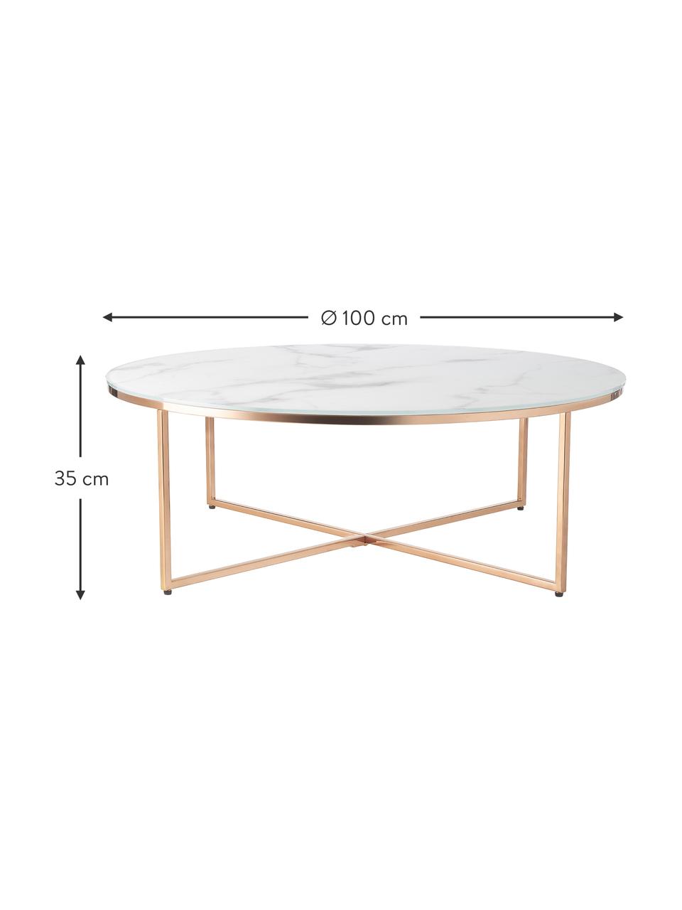 Table basse ronde XL avec plateau en verre aspect marbre Antigua, Blanc, couleur rose, Ø 100 x haut. 35 cm
