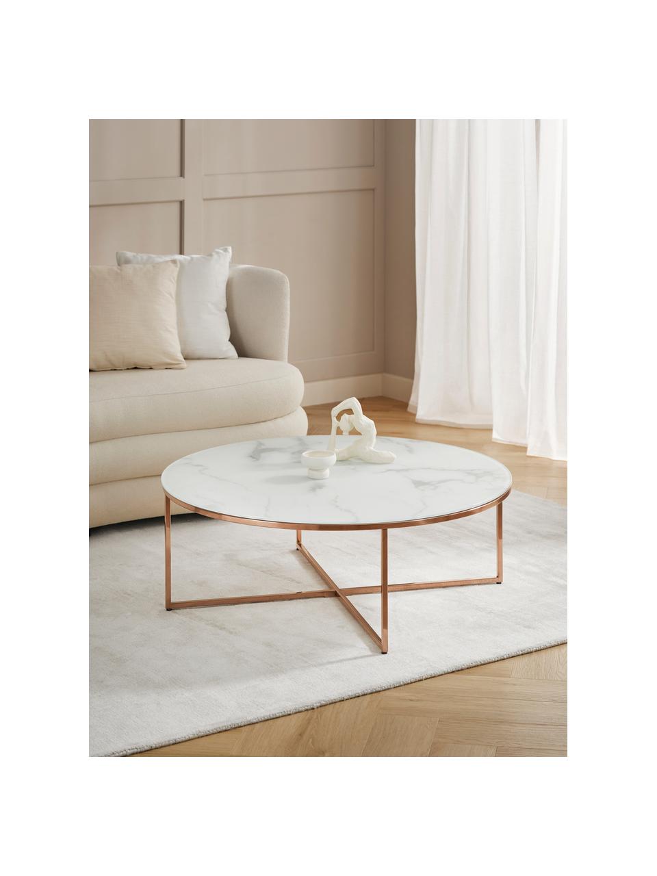 Kulatý konferenční XL stolek s mramorovanou skleněnou deskou Antigua, Bílá, odstíny růžové, Ø 100 cm, V 35 cm