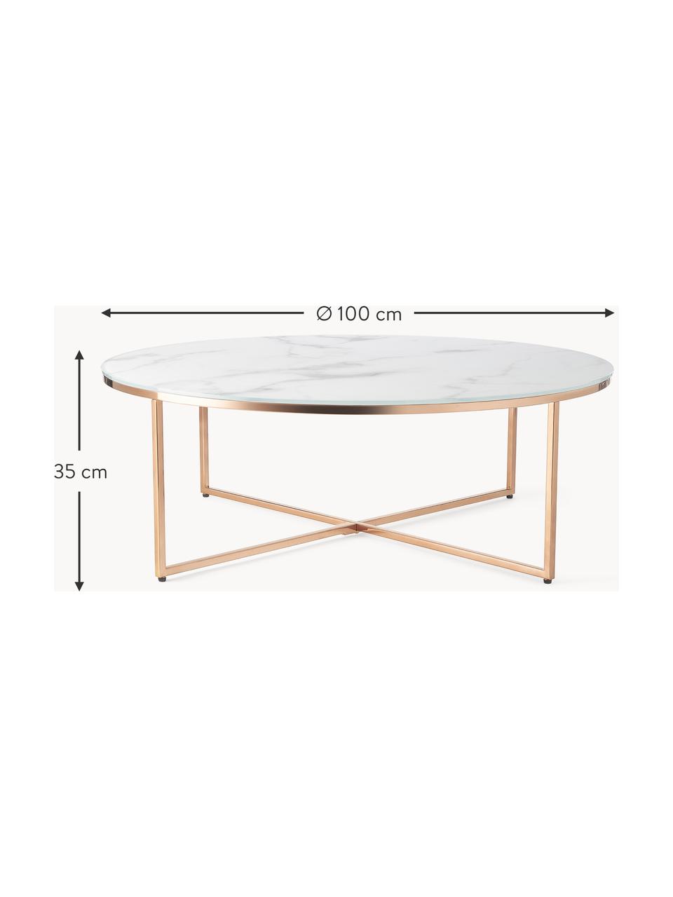 Ronde XL-salontafel Antigua met glazen tafelblad met marmerlook, Tafelblad: mat bedrukt glas, Frame: vermessingd staal, Wit, rozekleurig, Ø 100 x H 35 cm