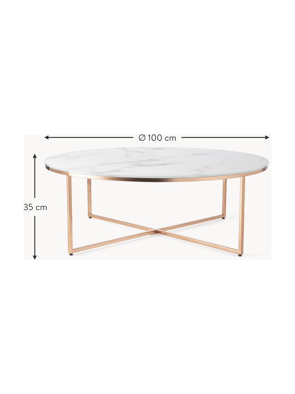 Table basse ronde XL avec plateau en verre aspect marbre Antigua, Blanc aspect marbre, or laiton, Ø 100 x haut. 35 cm