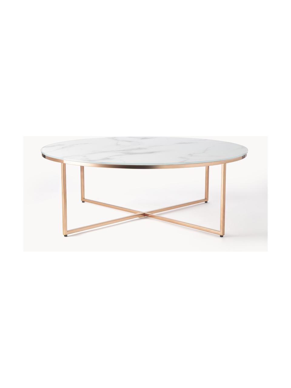 Table basse ronde XL avec plateau en verre aspect marbre Antigua, Blanc aspect marbre, or laiton, Ø 100 x haut. 35 cm