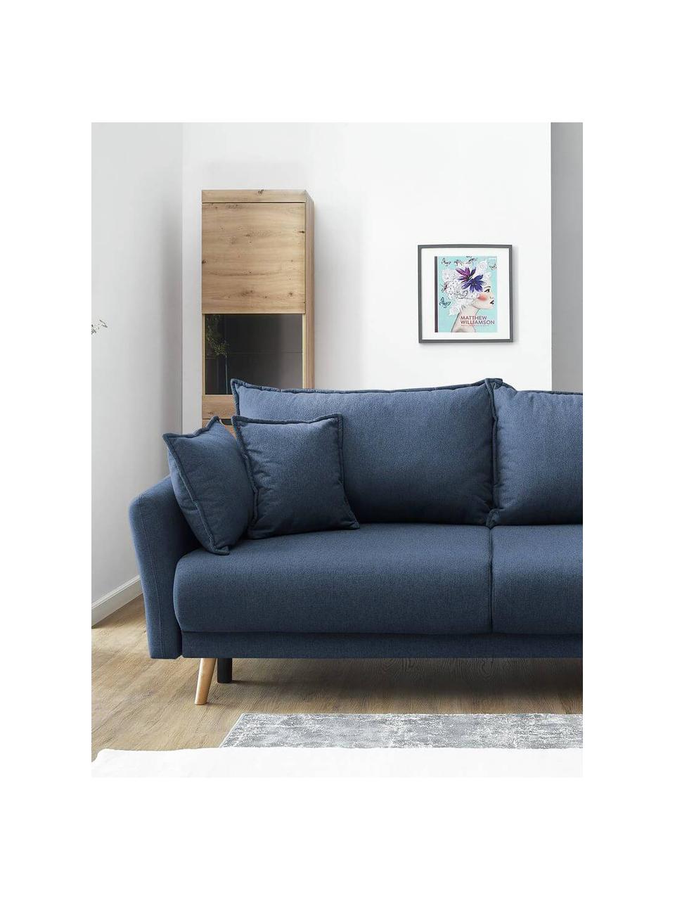 Sofa rozkładana z miejscem do przechowywania Mia (3-osobowa), Tapicerka: kaszmir, Nogi: drewno bukowe, Ciemny niebieski, S 228 x G 102 cm