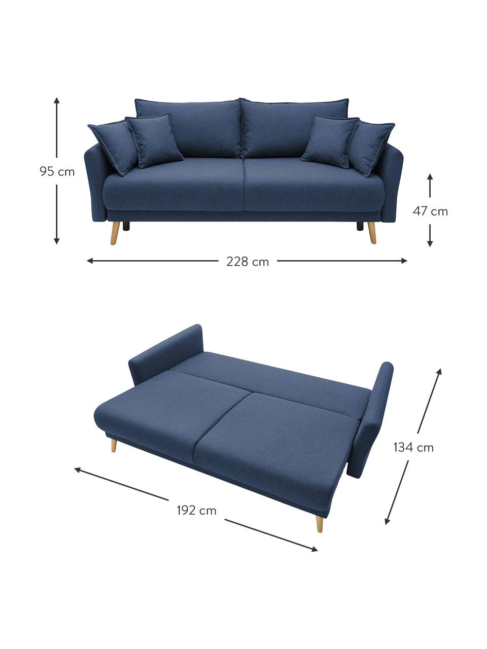 Sofa rozkładana z miejscem do przechowywania Mia (3-osobowa), Tapicerka: kaszmir, Nogi: drewno bukowe, Ciemny niebieski, S 228 x G 102 cm
