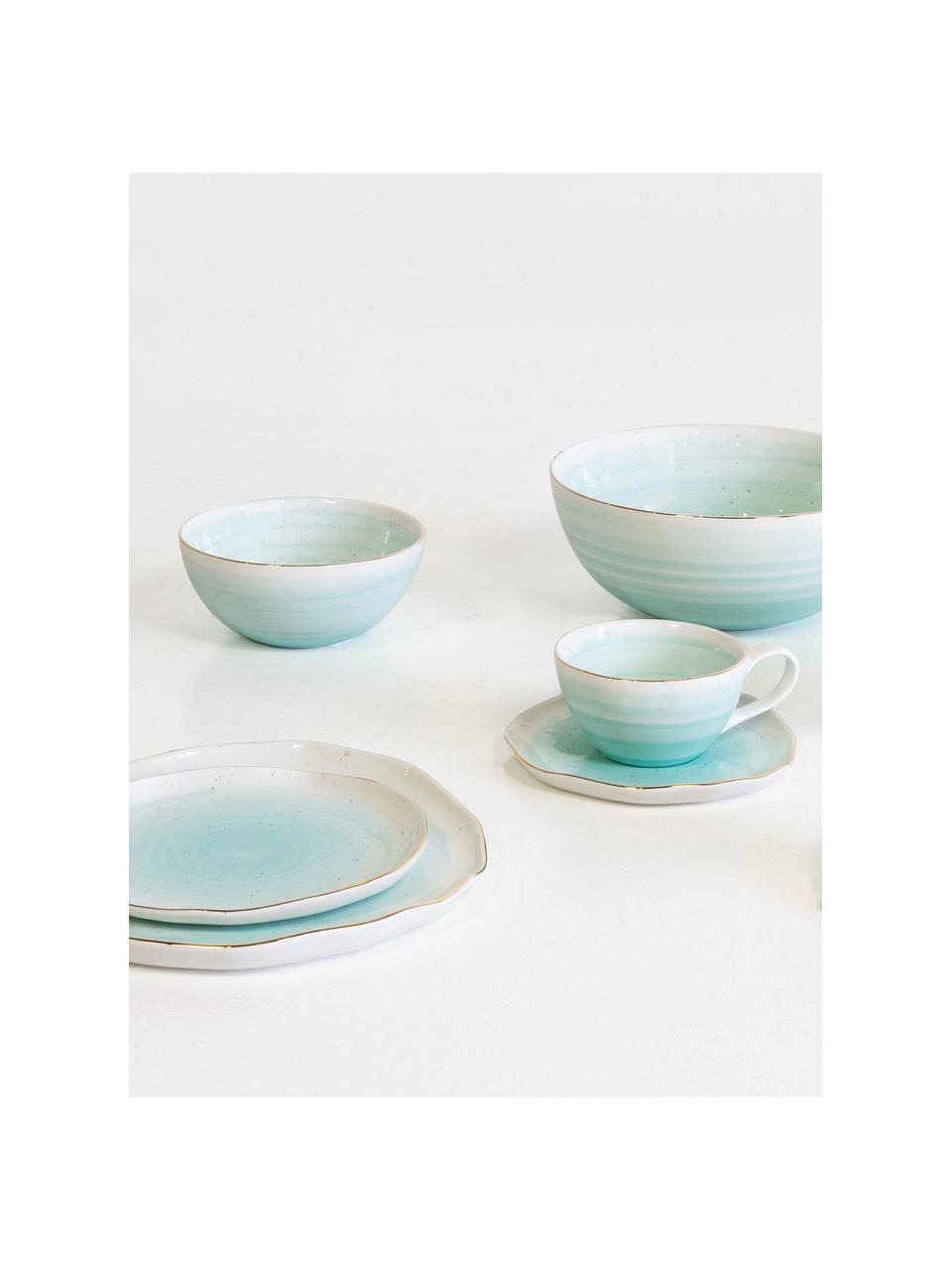 Set tazza e piattino fatti a mano con bordo dorato Bella 2 pz, Porcellana, Blu turchese, Ø 10 x Alt. 6 cm