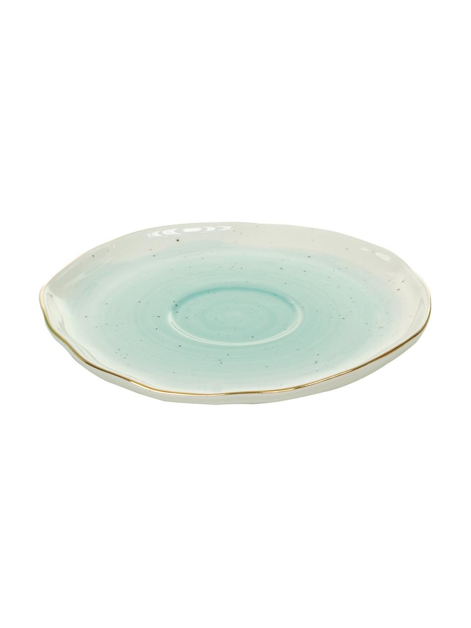 Set tazza e piattino fatti a mano con bordo dorato Bella 2 pz, Porcellana, Blu turchese, Ø 10 x Alt. 6 cm