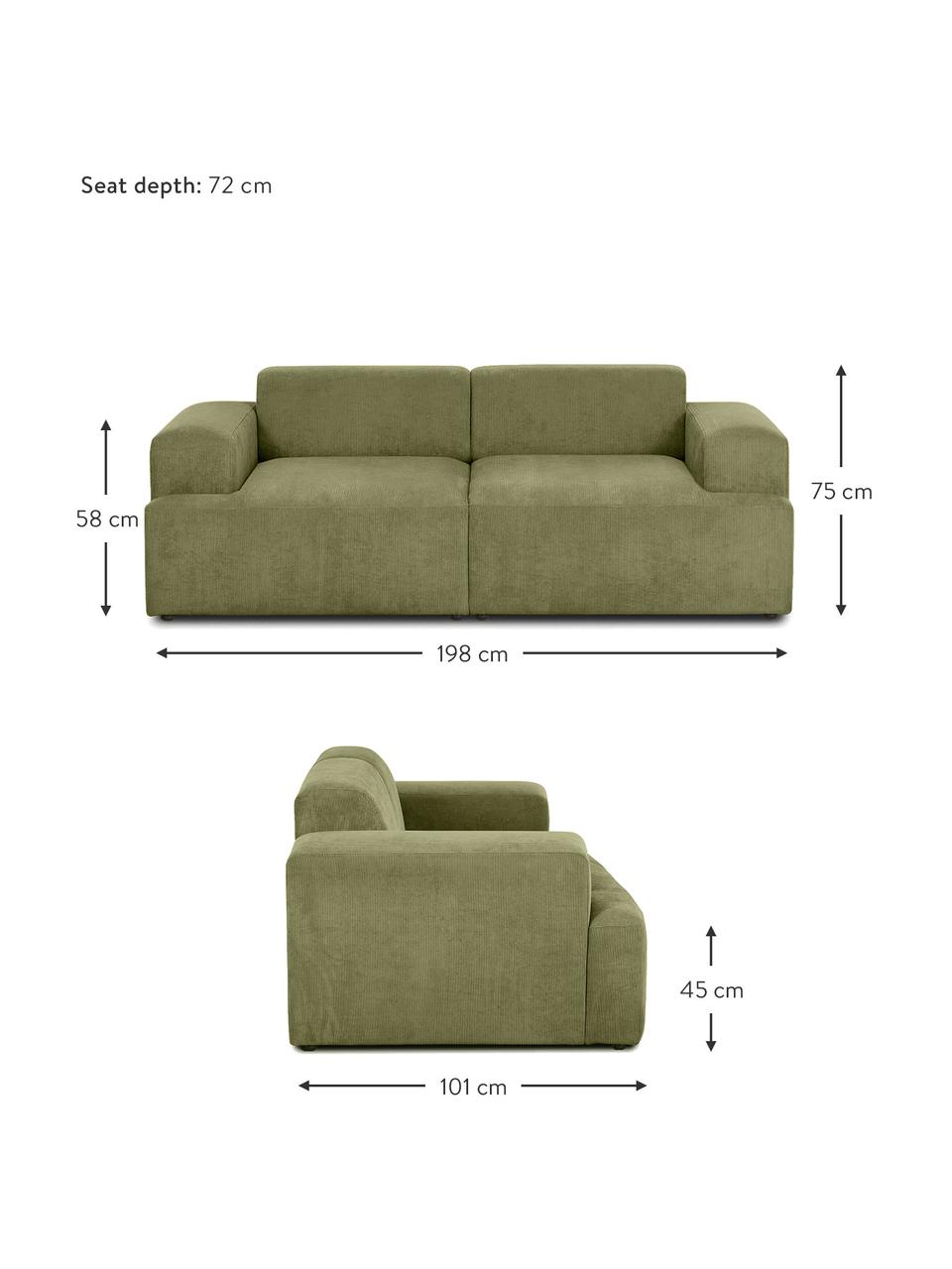 Sofá de pana Melva (2 plazas), Tapizado: pana (92% poliéster, 8% p, Estructura: madera de pino maciza, ce, Patas: plástico, Pana verde, An 198 x F 101 cm