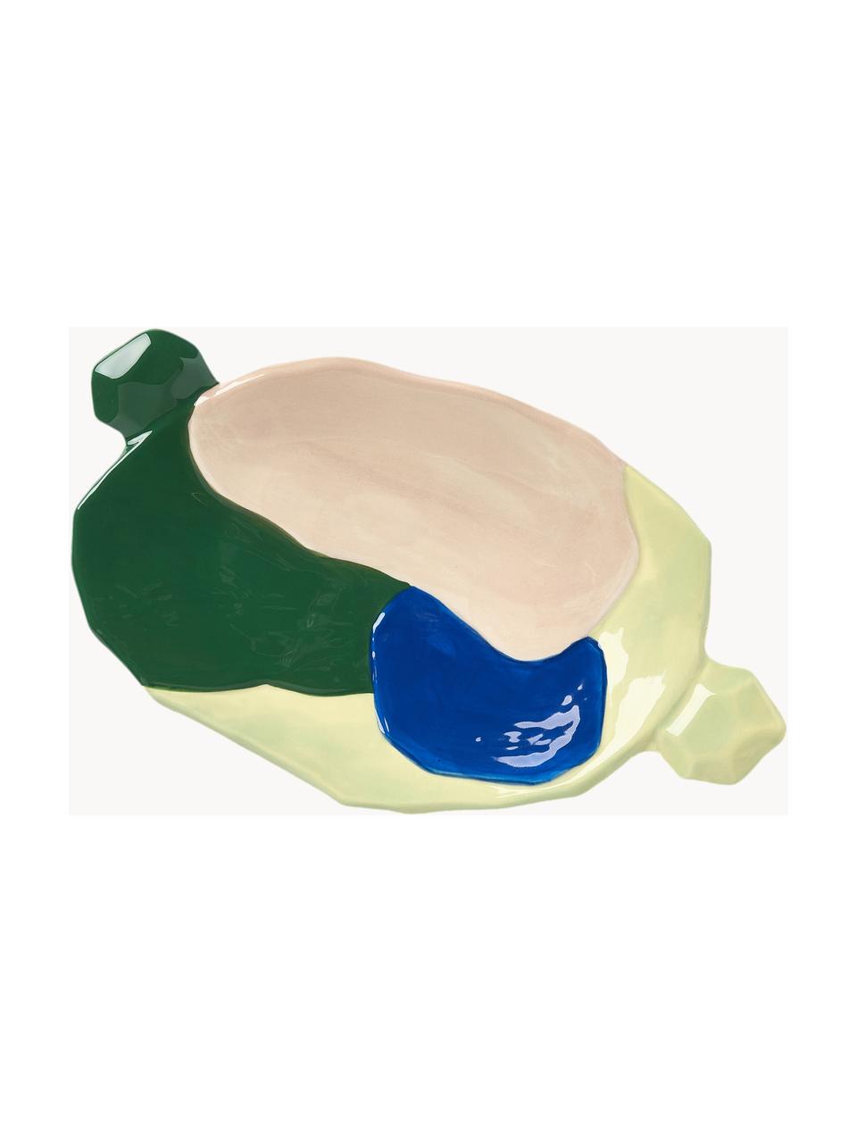 Handbeschilderde serveerplateau Chunky van porselein, B 24 cm, Porselein, Geel, blauw, groen, beige, B 24  x D 14 cm