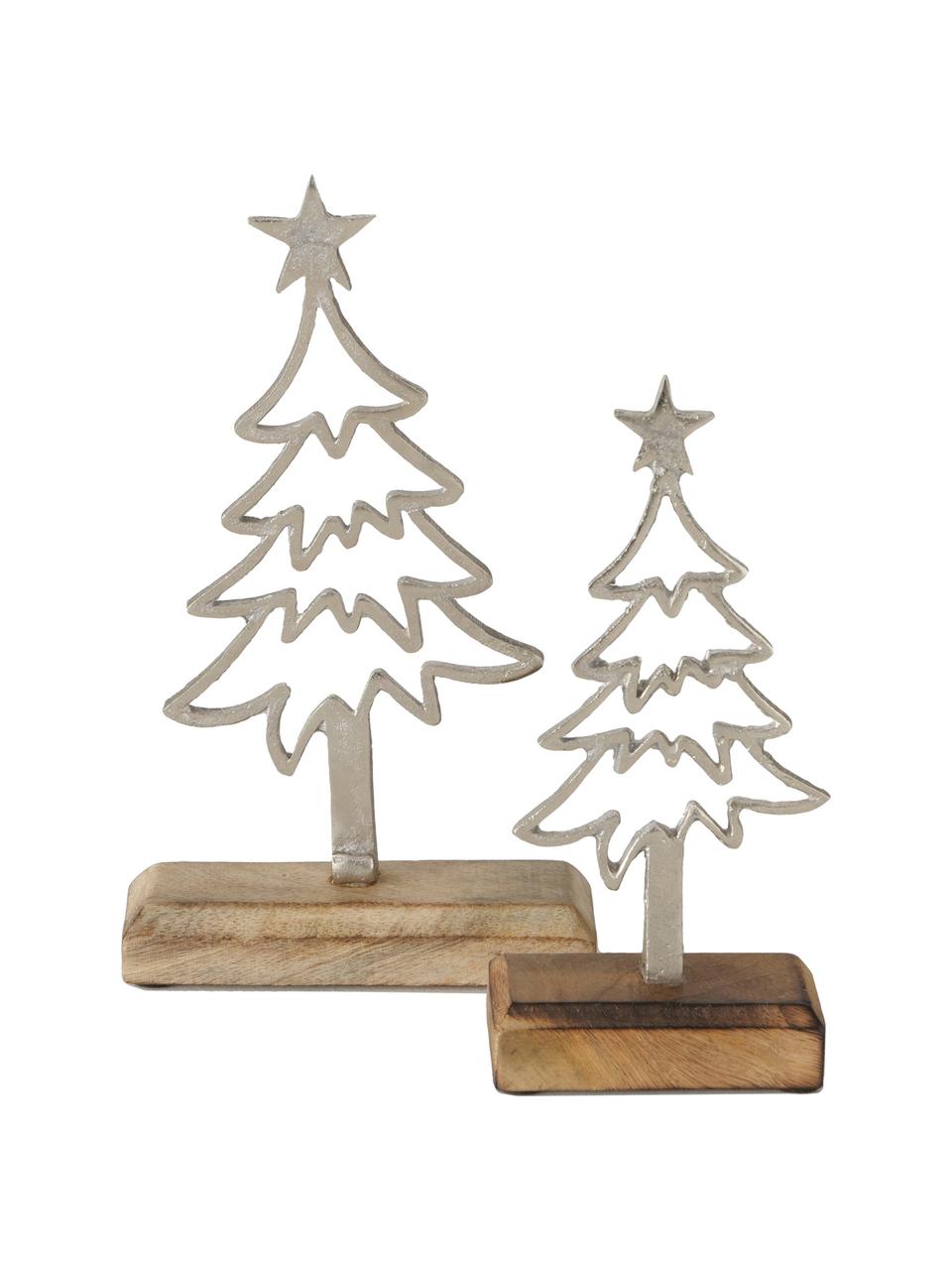 Decoratieve boompjes Murmansk, 2 stuks, Mangohout, vernikkeld aluminium, Licht hout, zilverkleurig, Set met verschillende formaten