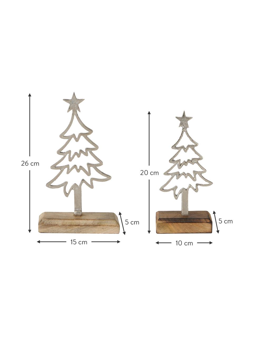 Decoratieve boompjes Murmansk, 2 stuks, Mangohout, vernikkeld aluminium, Licht hout, zilverkleurig, Set met verschillende formaten