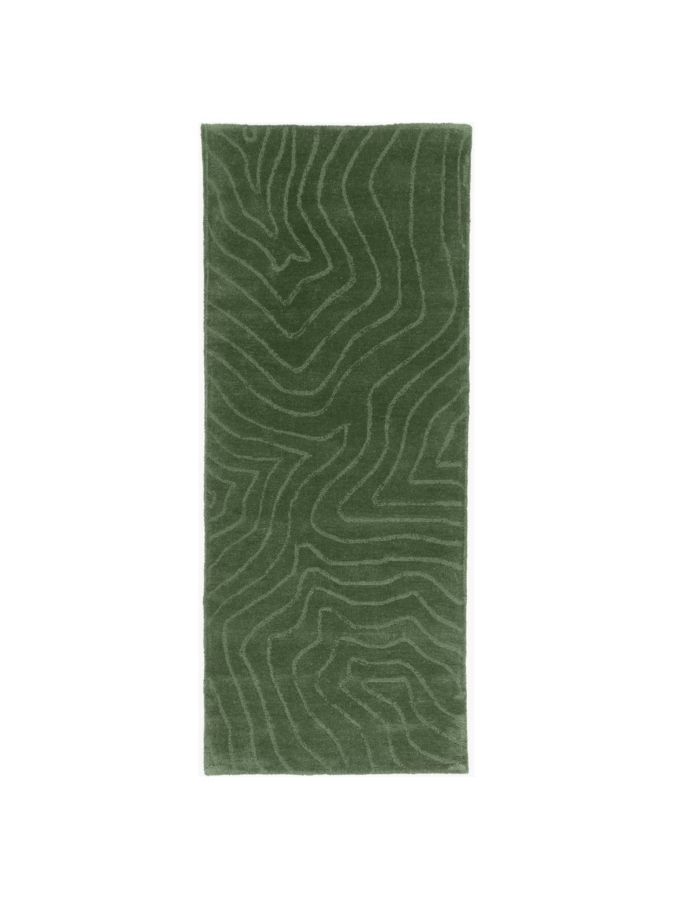 Tapis de couloir en laine tuftée main Aaron, Vert foncé, larg. 80 x long. 300 cm