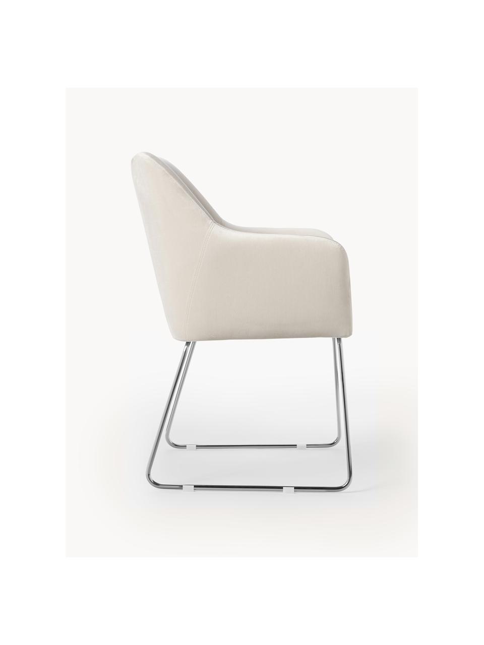 Krzesło z podłokietnikami z aksamitu Isla, Tapicerka: aksamit (100% poliester) , Nogi: metal malowany proszkowo, Stelaż: sklejka Ten produkt jest , Kremowobiały aksamit, odcienie srebrnego, S 58 x G 62 cm