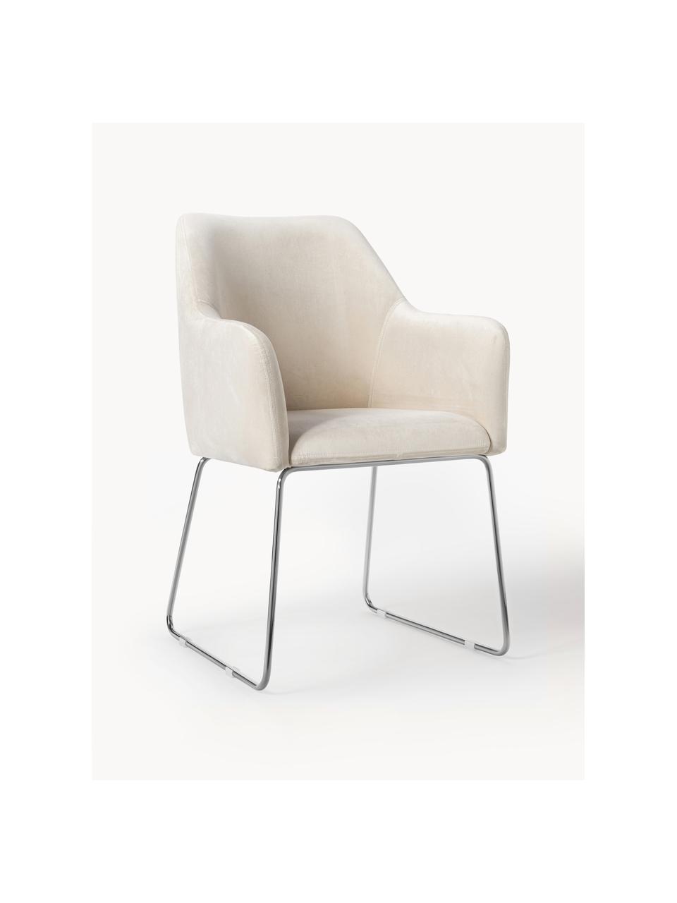 Silla de terciopelo con reposabrazos Isla, Tapizado: terciopelo (poliéster) Al, Patas: metal recubierto, Terciopelo blanco crema, plateado, An 58 x F 62 cm