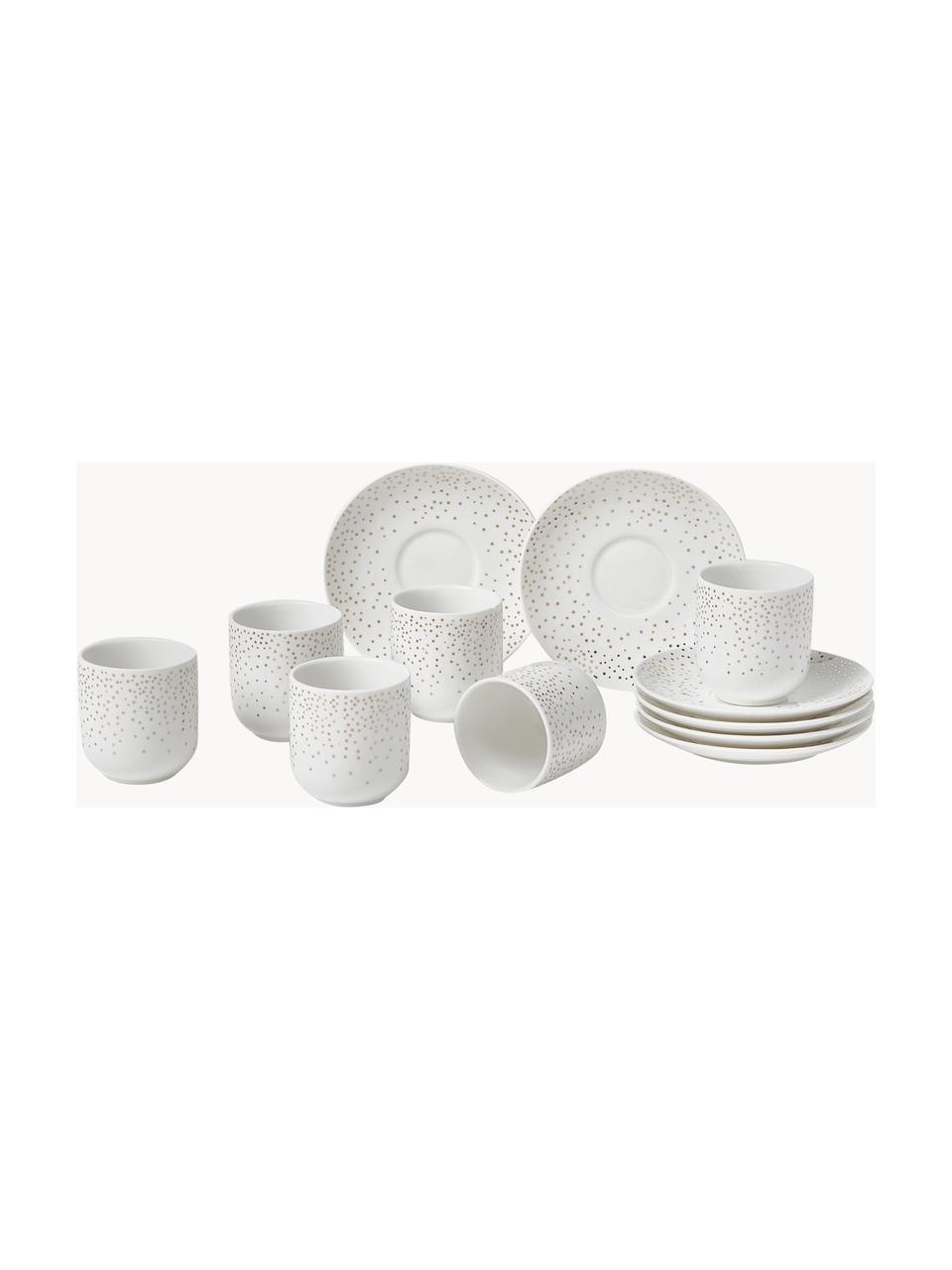 Tasses à café avec sous-tasses Goldie, 6 élém., Céramique, Blanc, couleur dorée, chiné, Ø 8 x haut. 10 cm