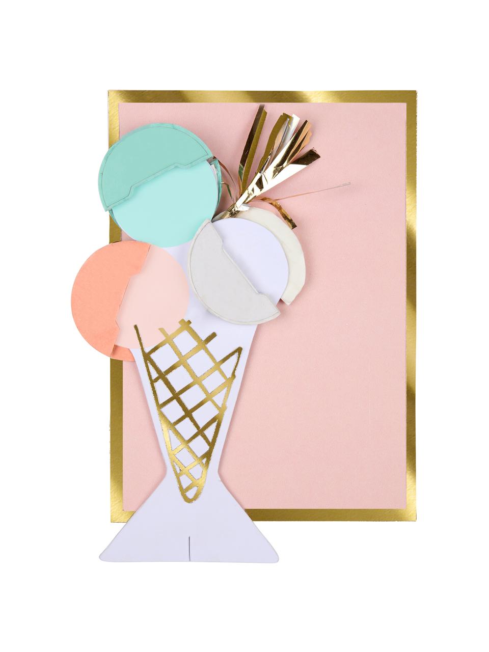 Kartka urodzinowa Ice Cream, Papier, Blady różowy, biały, zielony miętowy, odcienie złotego, D 13 x S 19 cm