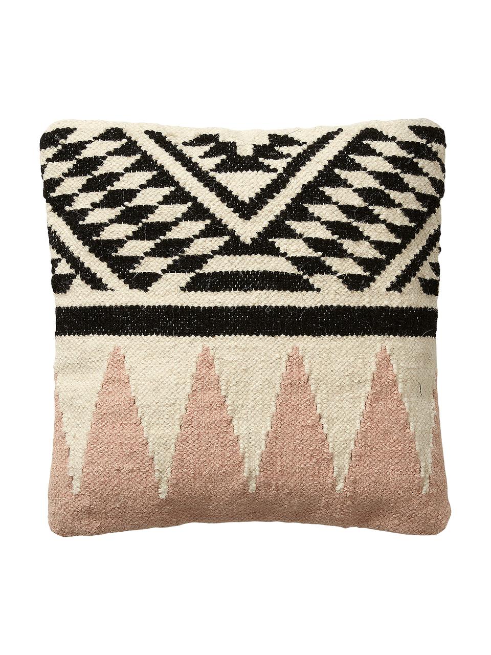 Housse de coussin 45x45 en laine, ethnique Greta, Beige, noir, rose