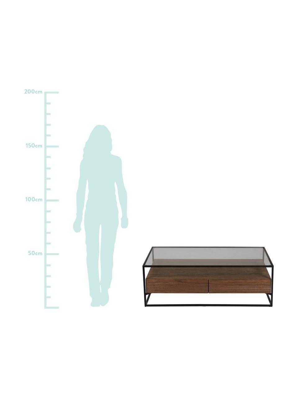 Couchtisch Helix mit Schubladen, Gestell: Metall, pulverbeschichtet, Sockel und Tischplatte: Glas, Schwarz, Braun, 120 x 40 cm