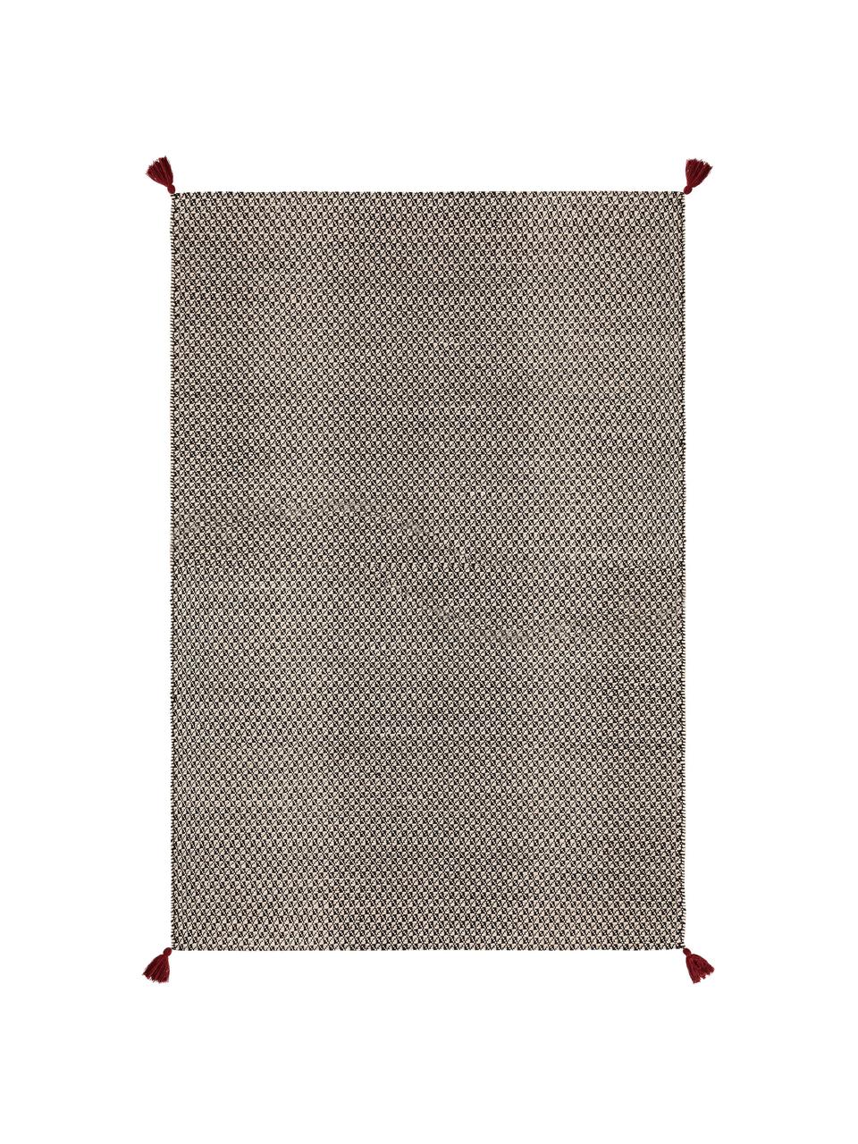 Ręcznie tkany dywan z wełny z chwostami Tolga, 50% wełna, 35% bawełna, 15% nylon 

Włókna dywanów wełnianych mogą nieznacznie rozluźniać się w pierwszych tygodniach użytkowania, co ustępuje po pewnym czasie, Czarny, kremowobiały, S 120 x D 170 cm (Rozmiar S)