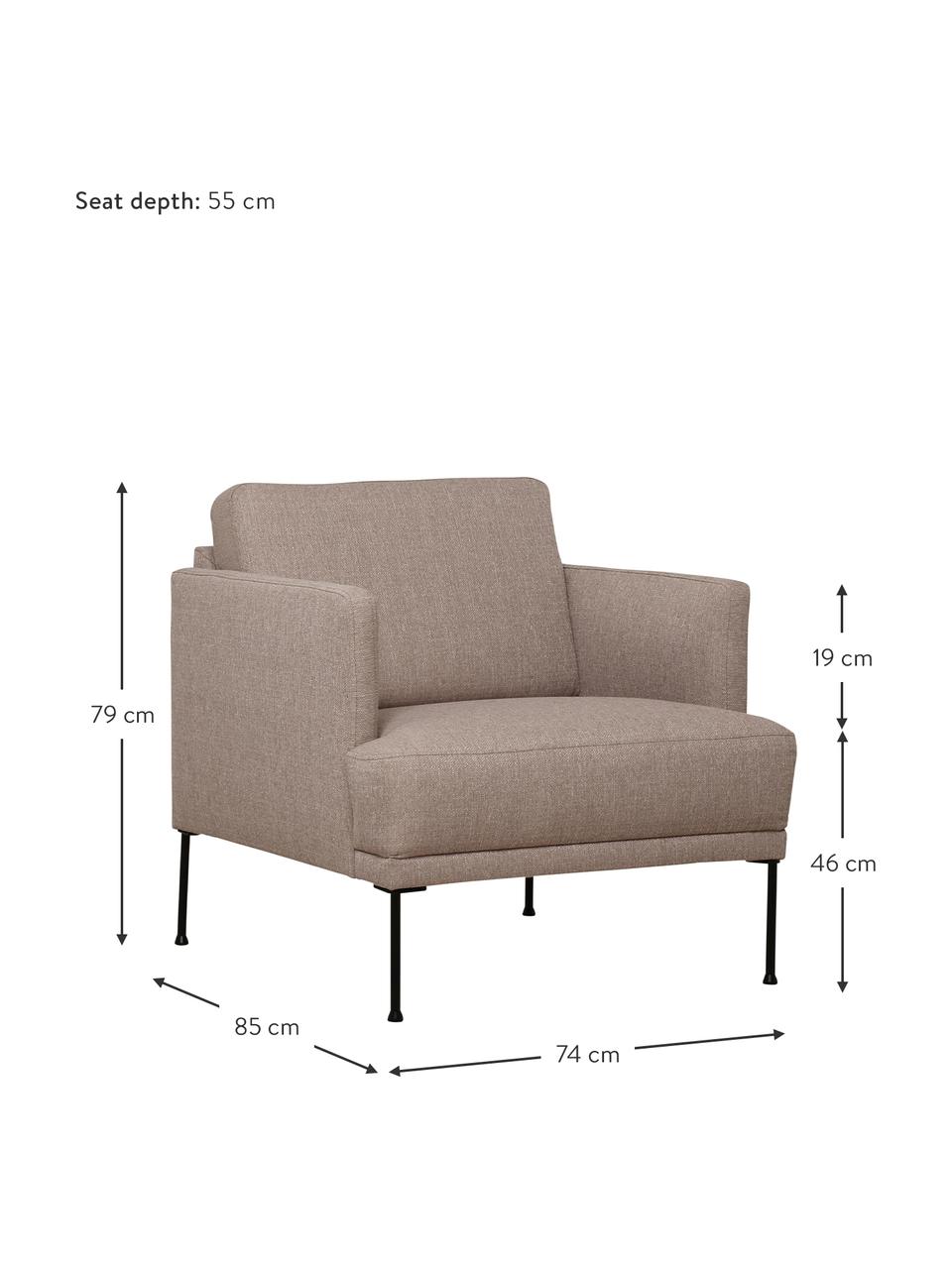 Poltrona con gambe in metallo Fluente, Rivestimento: 100% poliestere 35.000 ci, Struttura: legno di pino massiccio, , Gambe: metallo verniciato a polv, Tessuto taupe, Larg. 74 x Prof. 85 cm