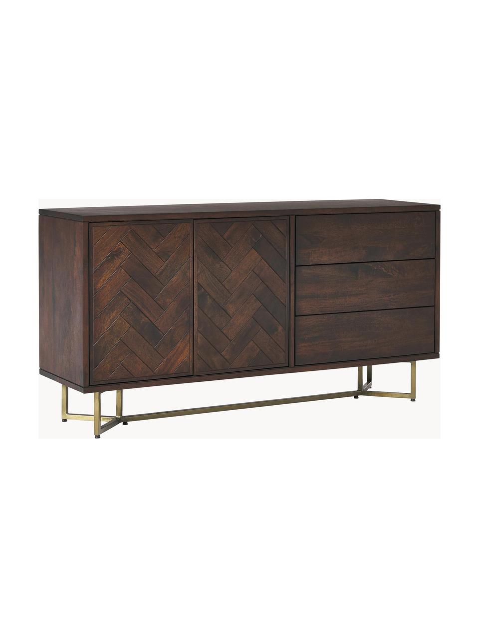 Aparador de madera maciza diseño espiga con cajones y puertas Luca, Estructura: madera de mango maciza, Patas: metal recubierto, Madera de mango, dorado, An 160 x Al 80 cm