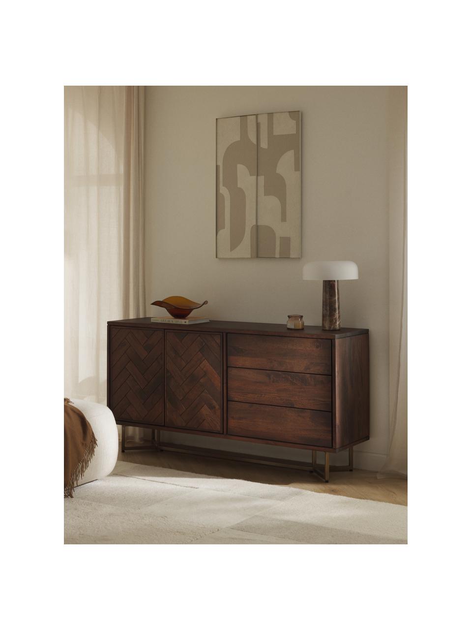 Enfilade en bois de manguier massif Luca, Manguier laqué, cadre doré, larg. 160 x haut. 80 cm