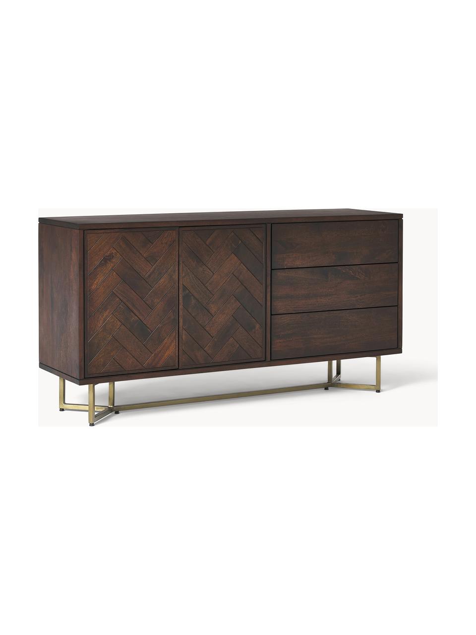 Credenza in legno di mango con motivo spina di pesce Luca, Struttura: metallo rivestito, Legno di mango, dorato, Larg. 160 x Alt. 80 cm