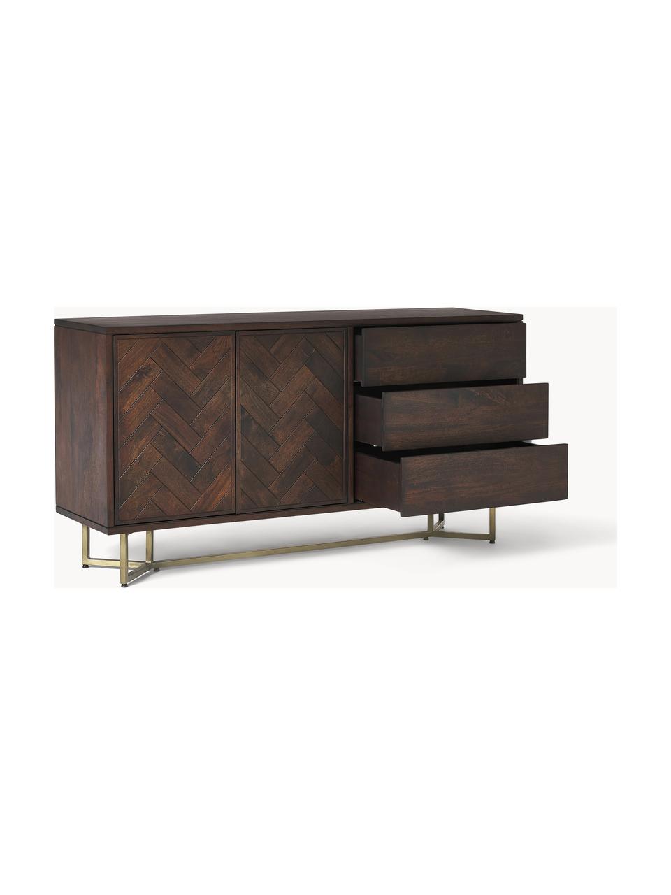 Credenza in legno di mango con motivo spina di pesce Luca, Struttura: metallo rivestito, Legno di mango, dorato, Larg. 160 x Alt. 80 cm