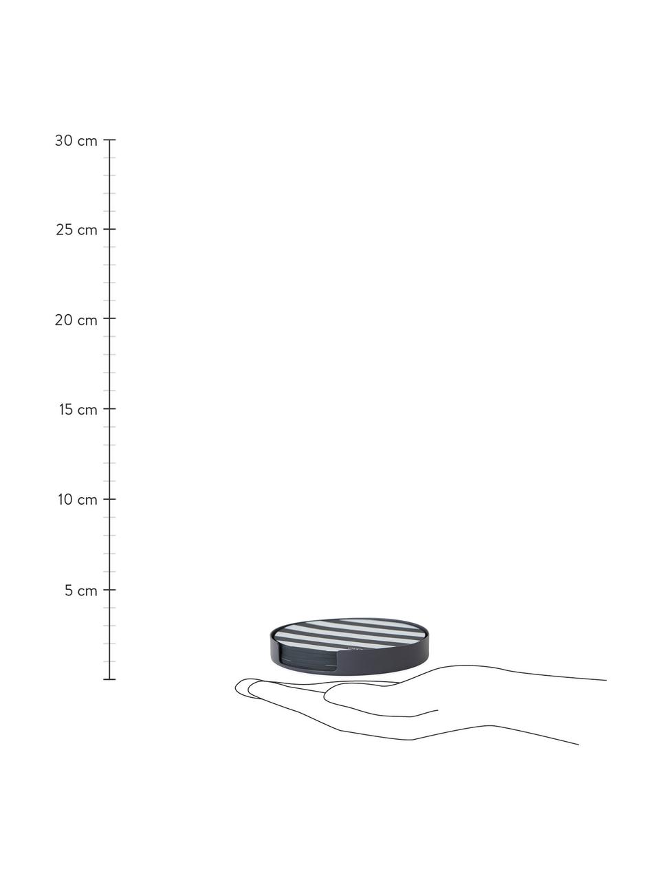 Gestreepte siliconen onderzetters Oka met houder, 6 stuks, Houder: gepoedercoat metaal, Onderzetter: silicone, Antraciet, wit, Ø 9 x H 1 cm