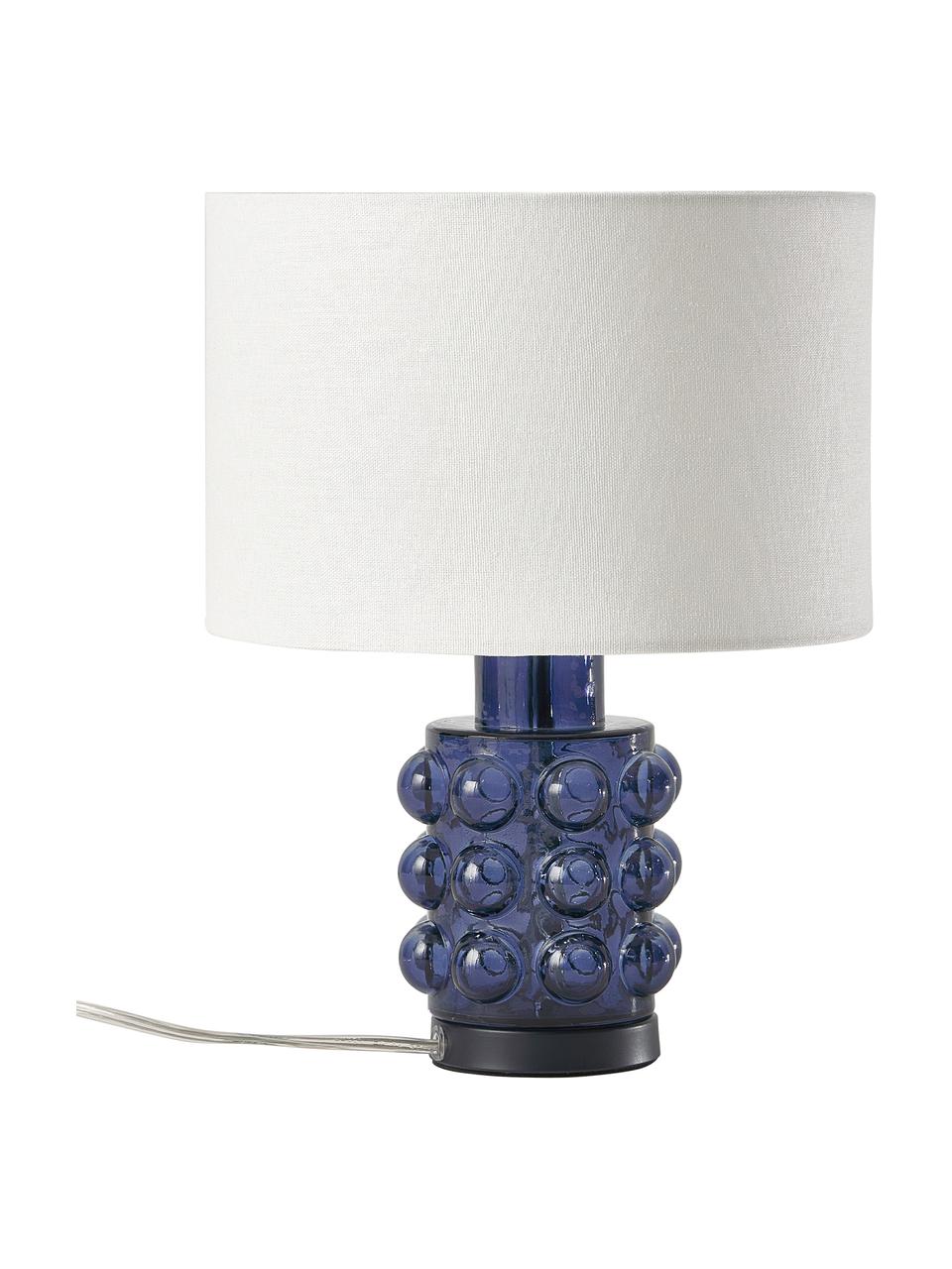 Kleine Nachttischlampe Olyve mit Glasfuss in Blau, Lampenschirm: 60 % Leinen, 40 % Baumwol, Weiss,Blau, Ø 23 x H 31 cm