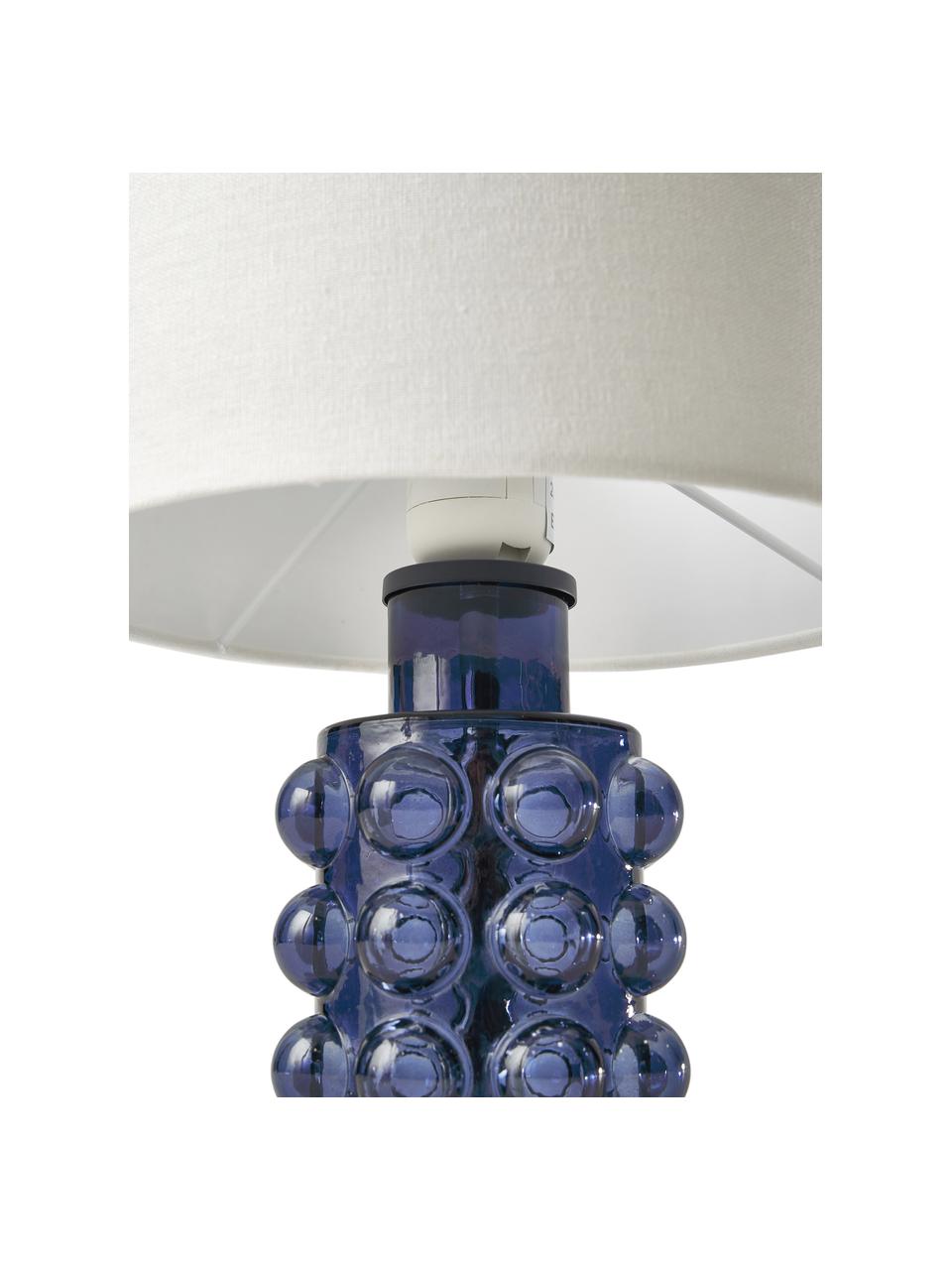 Klein nachtlampje Olyve met glazen voet in blauw, Lampenkap: 60 % linnen, 40 % katoen, Lampvoet: glas, Wit, blauw, Ø 23  x H 31 cm