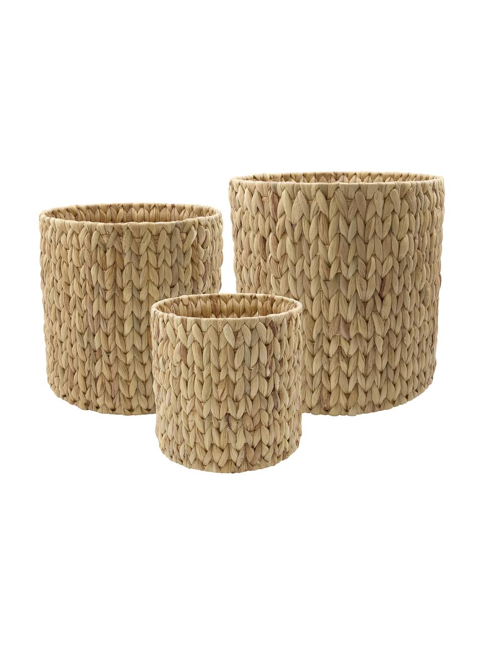 Set de cestas Roun, 3 uds., Cesta: jacinto de agua, Estructura: alambre de acero, Marrón, Set de diferentes tamaños