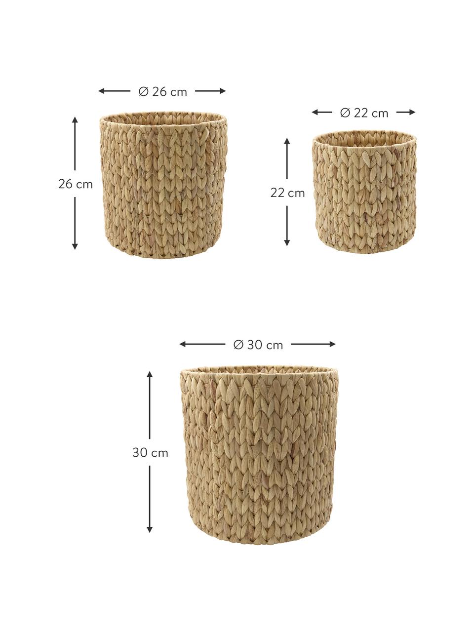 Aufbewahrungskörbe Roun, 3er-Set, Korb: Wasserhyazinthe, Gestell: Stahldraht, Braun, Set mit verschiedenen Grössen