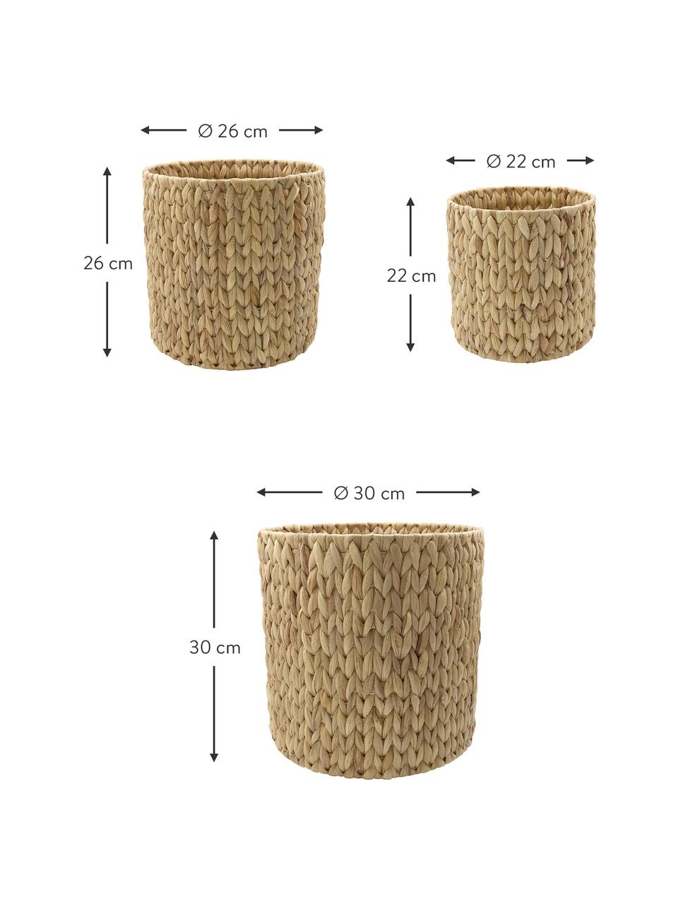 Set de cestas Roun, 3 uds., Cesta: jacinto de agua, Estructura: alambre de acero, Marrón, Set de diferentes tamaños