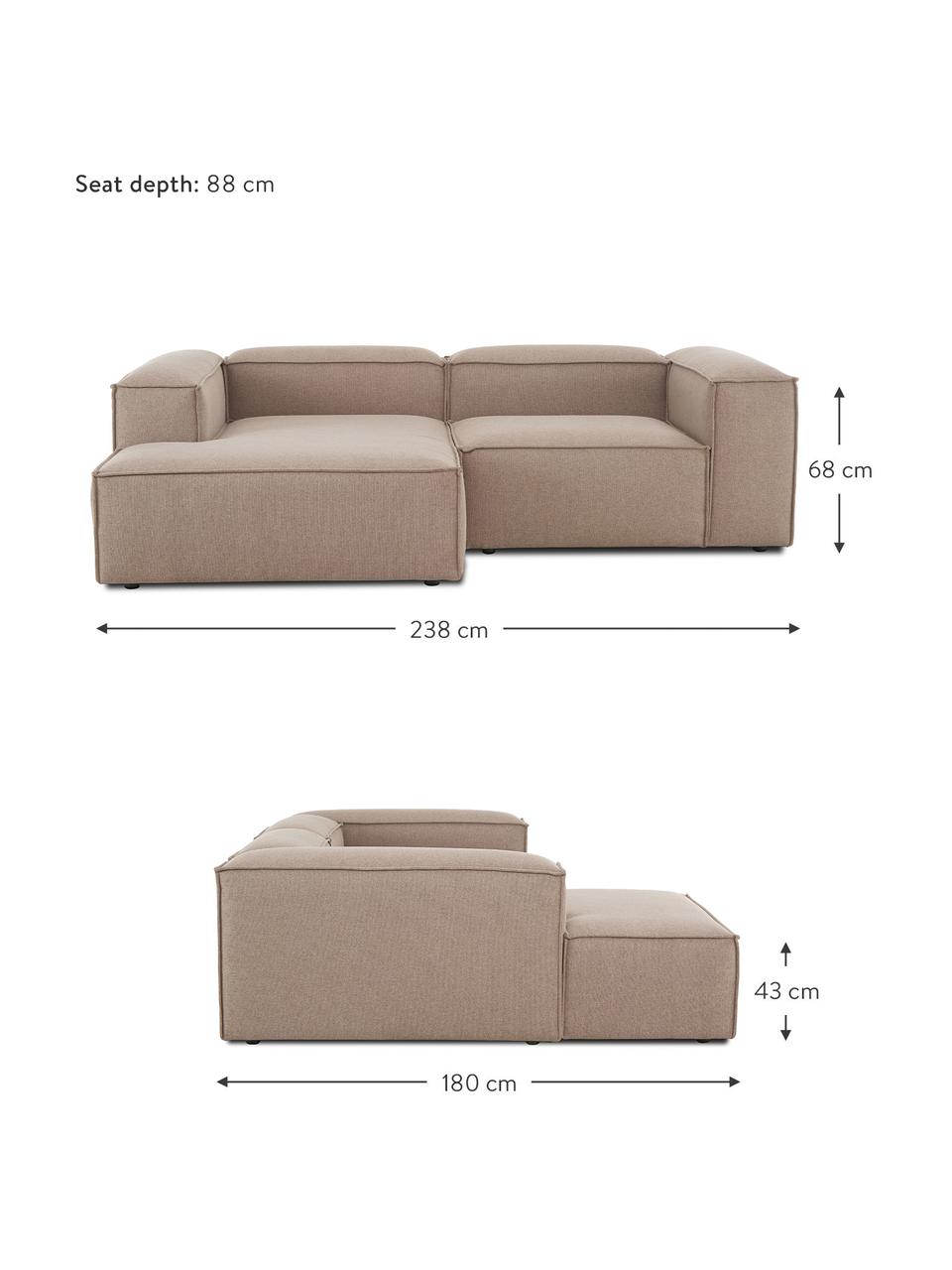 Divano angolare componibile Lennon, Rivestimento: 100% poliestere Con 115.0, Struttura: legno di pino massiccio, , Piedini: plastica, Tessuto marrone, Larg. 238 x Prof. 180 cm, chaise-longue a sinistra