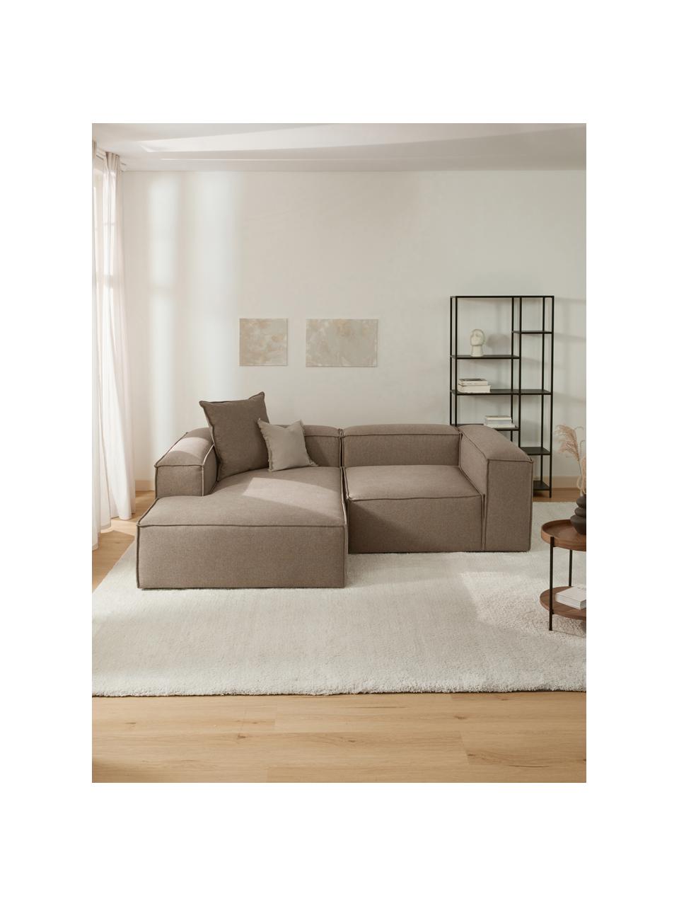 Modulares Ecksofa Lennon, Bezug: 100 % Polyester Der strap, Gestell: Massives Kiefernholz, Spe, Füße: Kunststoff Dieses Produkt, Webstoff Taupe, B 238 x T 180 cm, Eckteil links