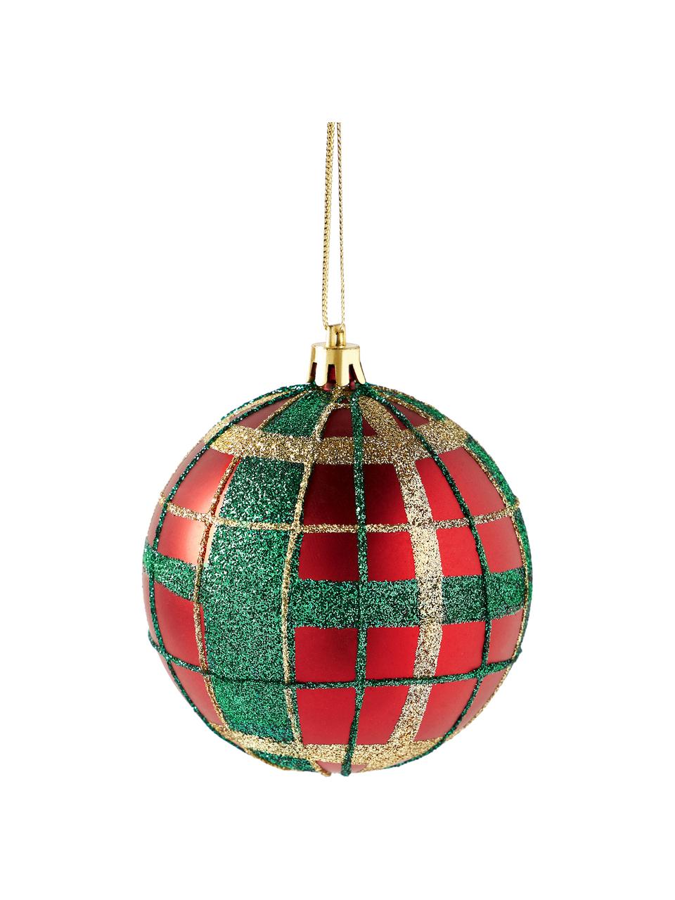 Bruchfeste Weihnachtskugeln Karo, 12 Stück, Kunststoff, Rot, Grün, Goldfarben, Ø 8 cm