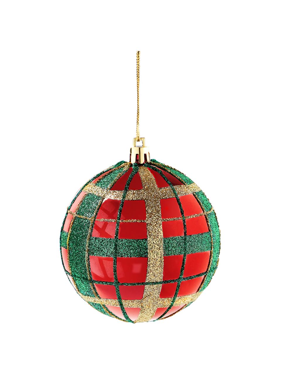 Bruchfeste Weihnachtskugeln Karo, 12 Stück, Kunststoff, Rot, Grün, Goldfarben, Ø 8 cm