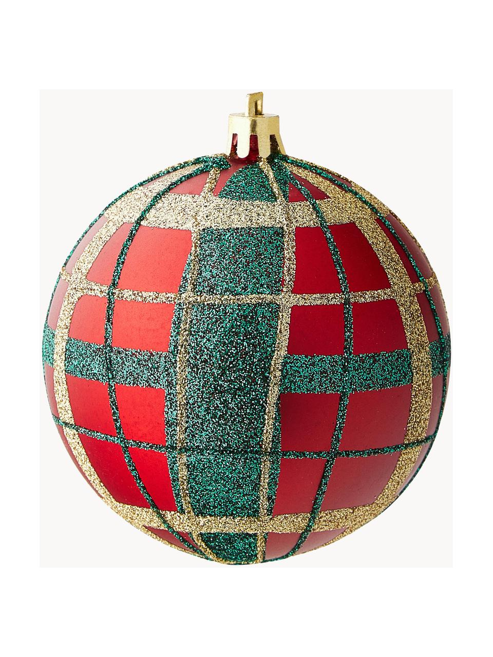 Breukvaste kerstballen Karo, 12 stuks, Kunststof, Rood, groen, goudkleurig, Ø 8 cm