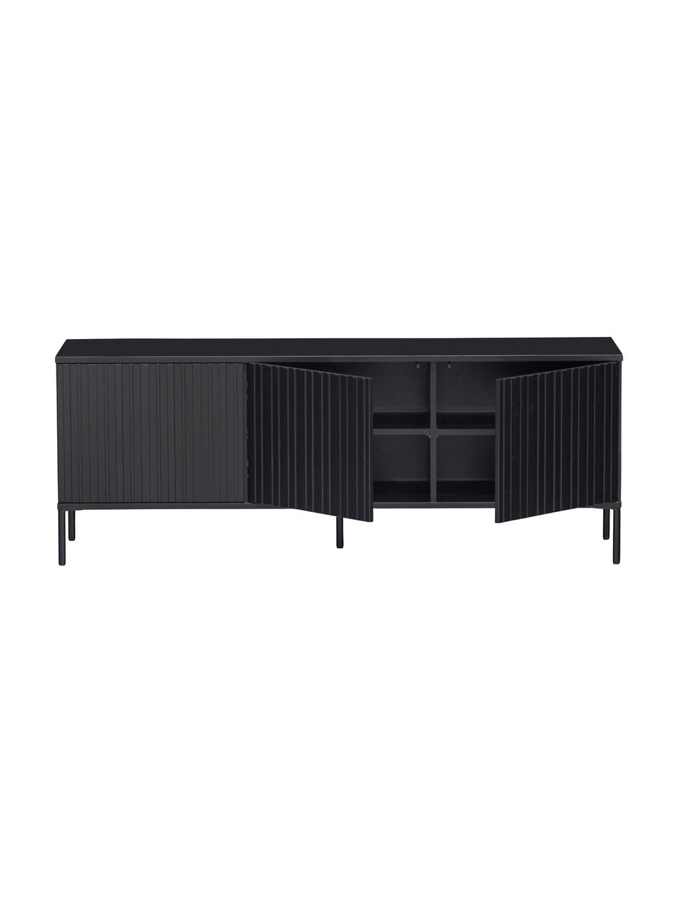 Tv-meubel Avourio met geribde voorzijde van grenenhout, 3 deuren, Frame: grenenhout, FSC-gecertifi, Poten: gecoat metaal, Grenenhout, B 150 cm x H 56 cm