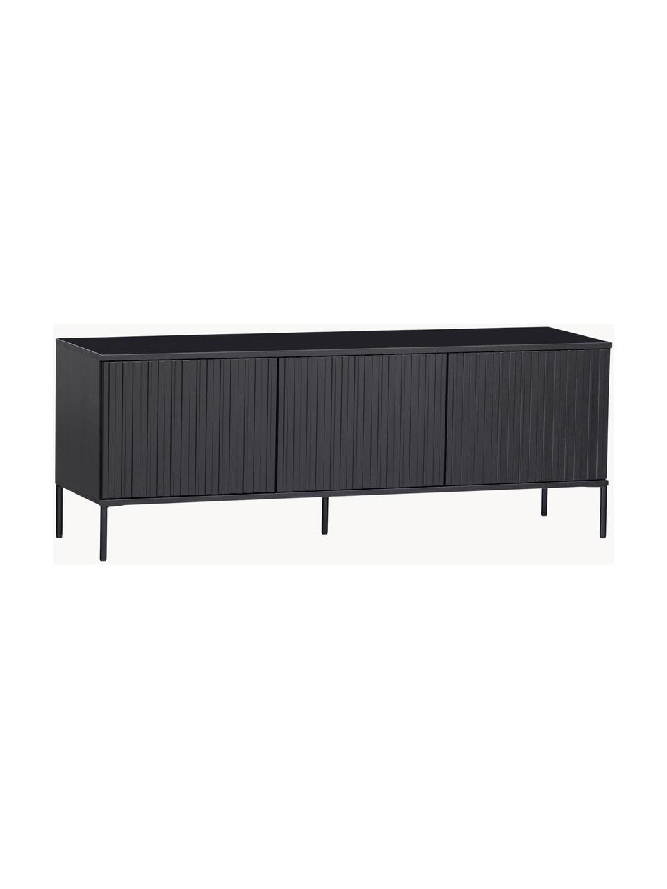 Mueble TV de madera de pino con frente acanalado Avourio, 3 puertas, Estructura: madera de pino, Patas: metal recubierto Este pro, Madera de pino negra, An 150 x Al 56 cm