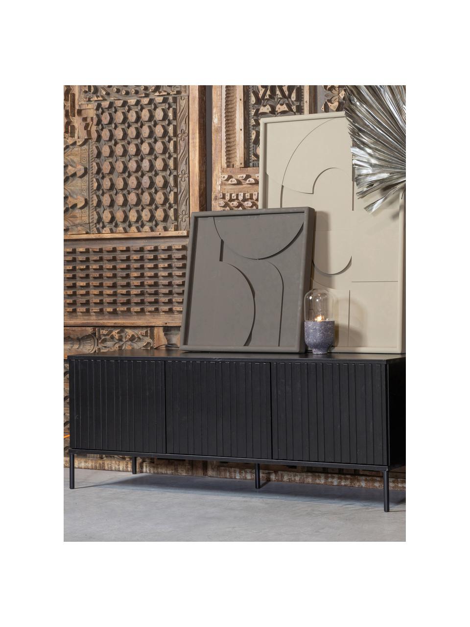 Meuble TV en bois cannelé Avourio, 3 portes, Bois de pin, noir, larg. 150 x haut. 56 cm