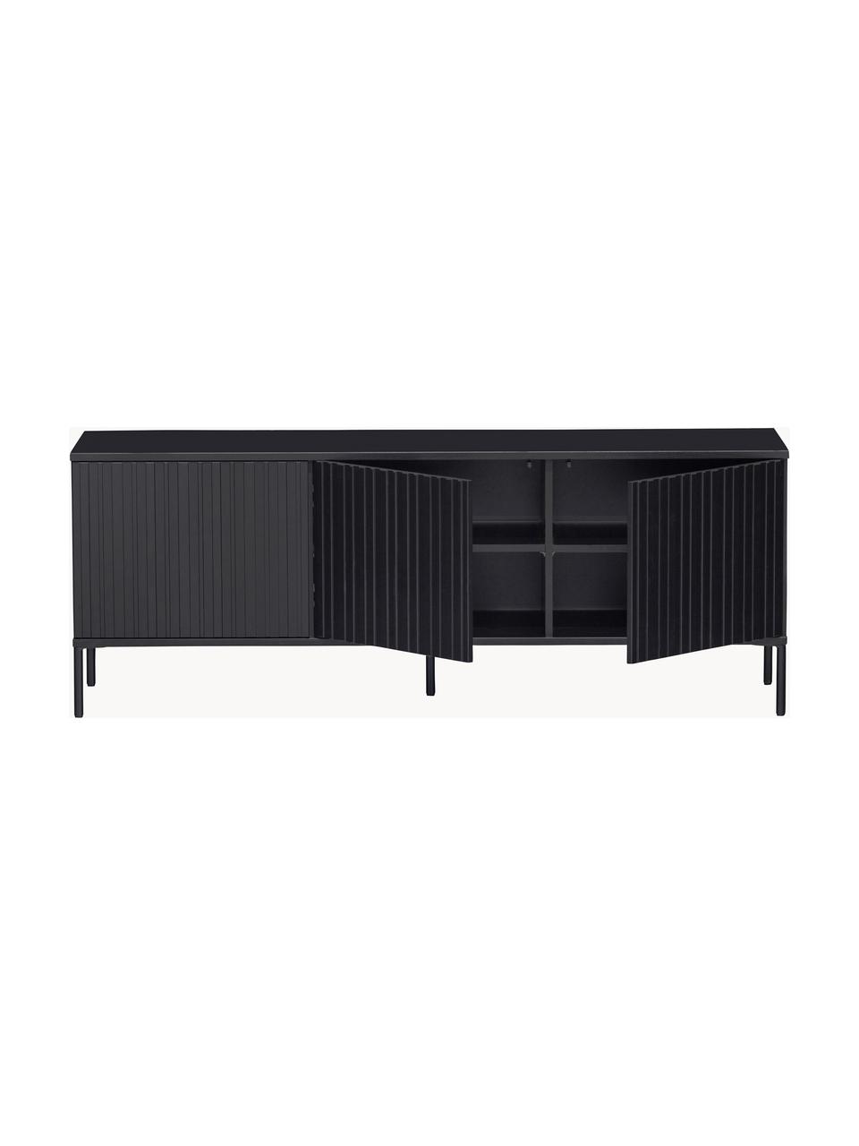 Mueble TV de madera de pino con frente acanalado Avourio, 3 puertas, Estructura: madera de pino, Patas: metal recubierto Este pro, Madera de pino negra, An 150 x Al 56 cm