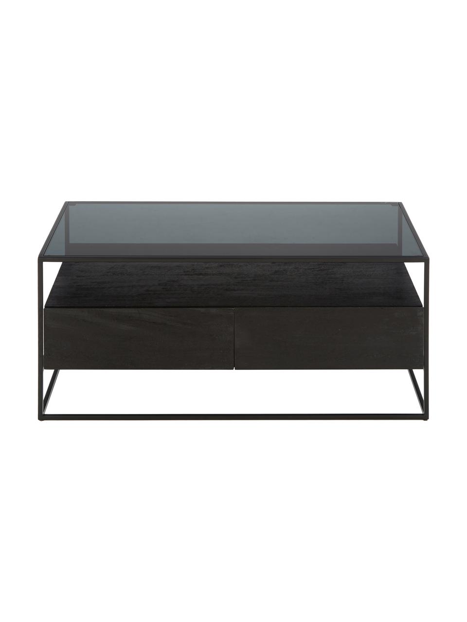 Mesa de centro de madera con cajones Theodor, Tablero: vidrio, Estructura: metal con pintura en polv, Madera de mango, negro, An 100 x F 55 cm